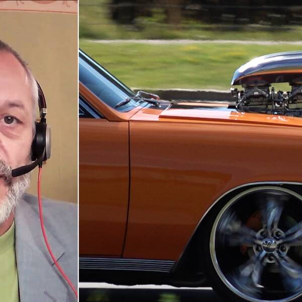 Man med skägg och headset i montage med en orange raggarbil.
