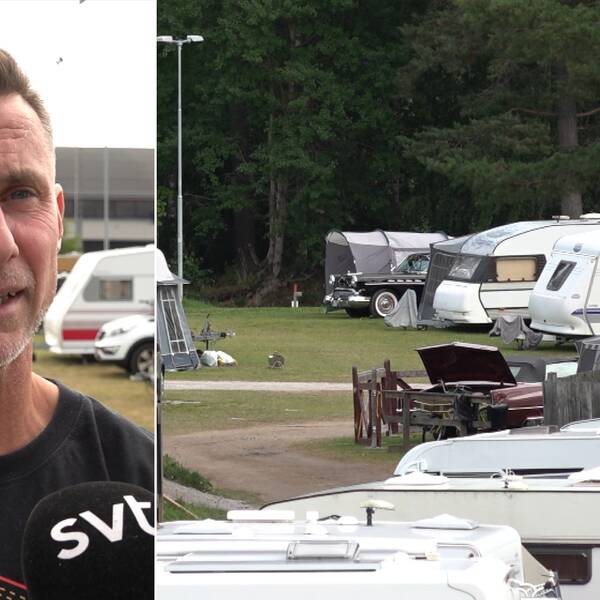 en man intervjuas. Husvagnar på en camping