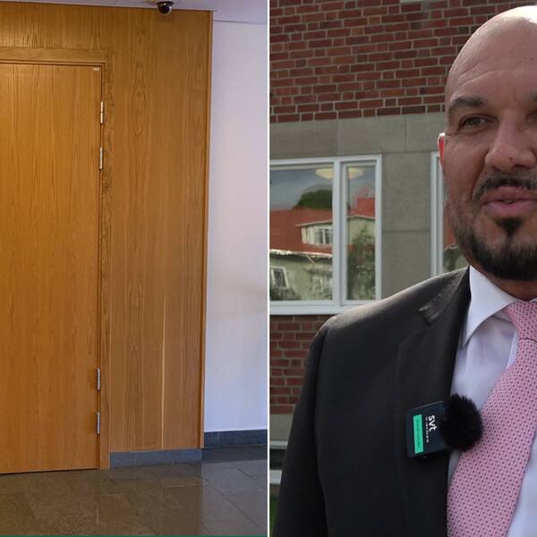 Bilden till vänster ser vi en träfärgad dörr och en skylt där det står sal 1. Till höger ser vi en man klädd i mörk kostym, vit skjorta och en rosa slips. 