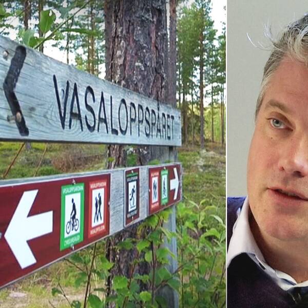 Delad bild – till vänster en bild på en skylt för Vasaloppet. Till höger en bil på en man med grått hår, Johan Eriksson.