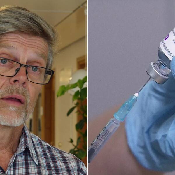 Signar Mäkitalo samt en bild på en behandskad hand som drar upp vaccin i en spruta.
