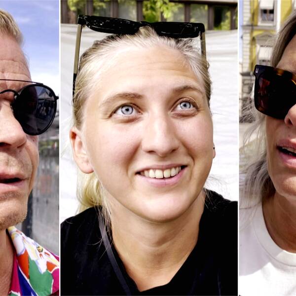 Tredelad bild. Tre porträtt. Alla ler mot kameran och har solen skinande i ansiktet. Alla tre har solglasögon.