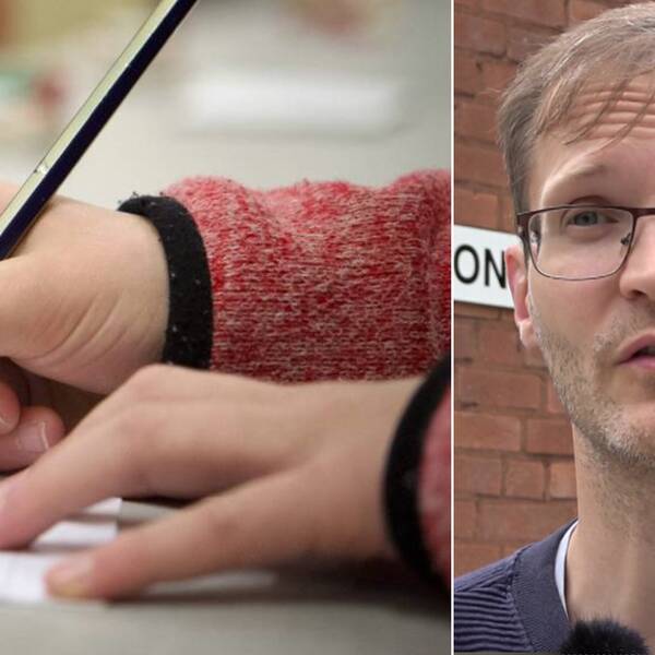 Delad bild – till höger en man glasögon, till vänster en bild på ett barn som skriver skrivstil.