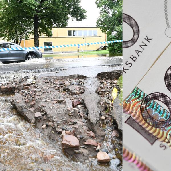 Tvådelad bild. En bil kör med vatten upp över däcken vid en raserad gångväg. Bild på 1000-kornorssedel med texten ”Sveriges riksbank”.