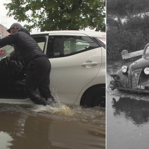 Tvådelad bild. En man med vatten upp på vaderna puttar sin bil framåt över vattentäckta gator. En svartvit gammal bild där en förare i gammal bil från 1945 har vatten upp över däcken.