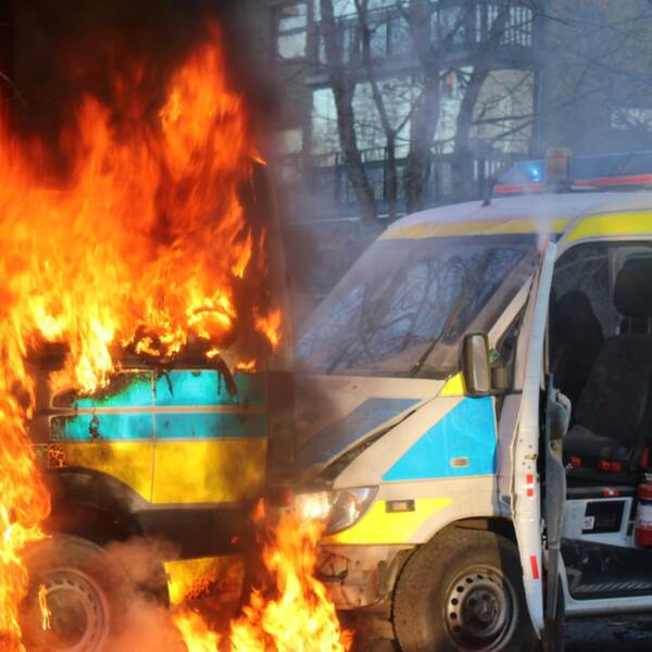 Bild från det våldsamma upploppet i Örebro Sveaparken. På bilden syns en brinnande polisbil.
