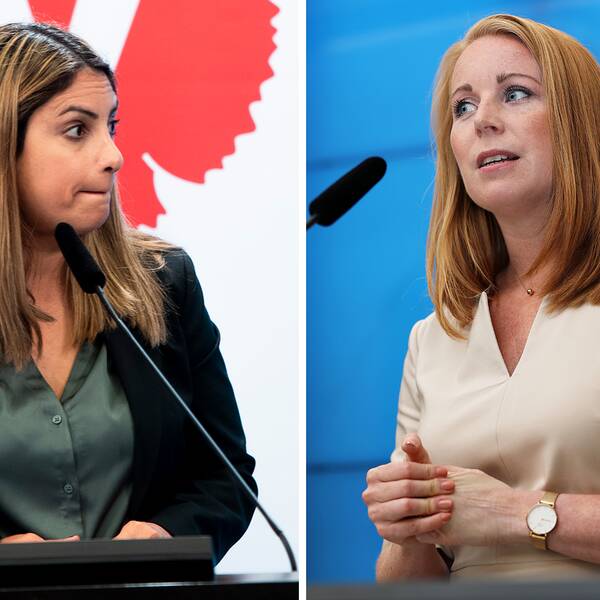 Nooshi Dadgostar (V) bredvid bild på Annie Lööf (C).
