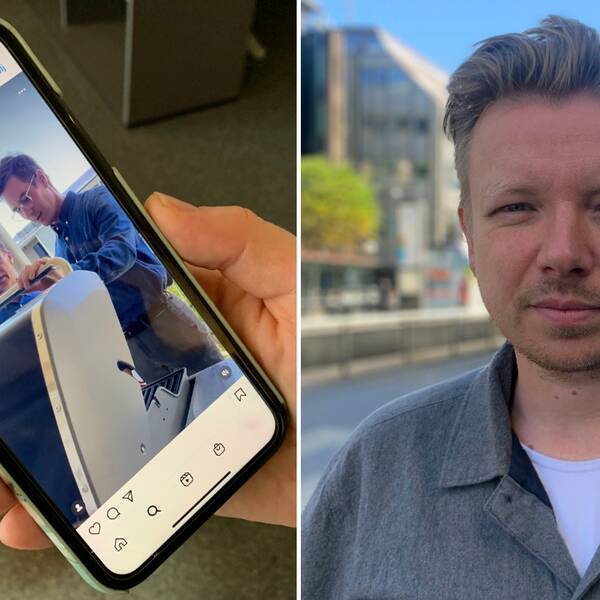 Klipp från en mobiltelefon med Ulf Kristersson (M) och Jonas Fagerström. Bredvid en bild på Emanuel Karlsten som tittar in i kameran.