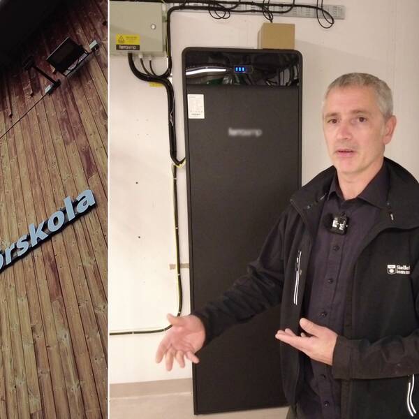 fasad på förskolan, samt en man vid en stor låda på väggen