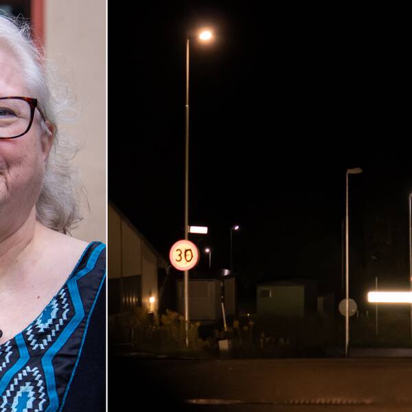 två bilder: porträtt på gråhårig kvinna med glasögon, samt gatubild i mörker