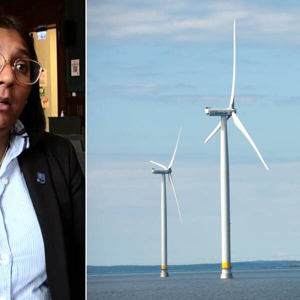 Porträtt Maria Svensson i en kommunsal med mörka väggar. Bild på fyra vindkraftverk till havs.