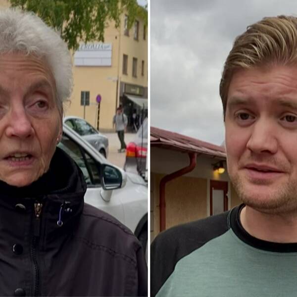 en äldre dam med vitt hår och en yngre man med blont hår.