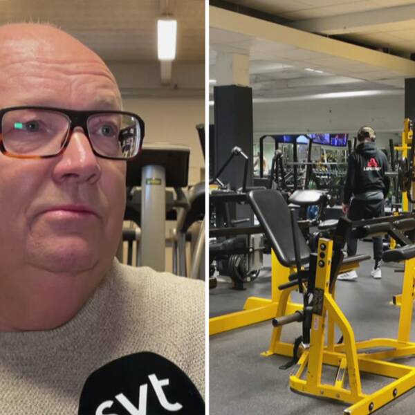 Porträtt på Mikael Jonsson, arrangör för träningsresan och en bild på en gymlokal med gulsvarta träningsmaskiner.