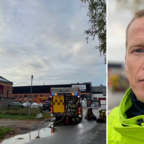 Till vänster syns industrilokalen i Gävle där en brand inträffade på tisdagsmorgonen. Till höger syns en porträttbild på räddningsledare Johan Kallin Strop.