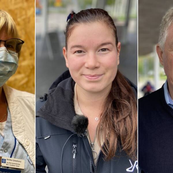 Barnsjuksköterskan Annika Götestrand sitter i ett av båsen på vaccinationscentralen på Mässhallen i Norrköping. Linnea Nyander Andersson och Thomas Pettersson står i kö för att få sin påfyllnadsdos.
