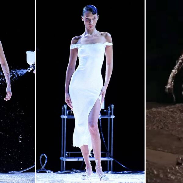 Se när Bella Hadids spraymålade klänning uppstår ur tomma intet, och Balenciagas modeller marscherar genom lervälling i Paris.