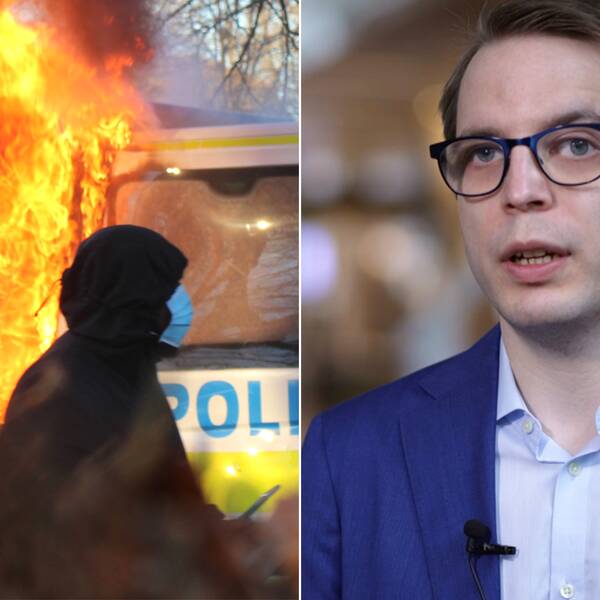 Delad bild: Brinnande polisbuss i Sveaparken 15 april 2022, med siluetter av maskerade personer framför. Dennis Martinsson, doktor i straffrätt vid Stockholms universitet.
