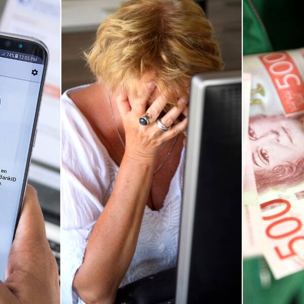 Tredelad bild. En smart phone med mobilt band-ID framför en datorskärm. En kvinna har sitt ansikte begravt i sina händer framför en datorskärm. Närbild på sedlar av 500 kr valör.