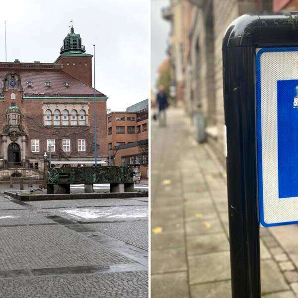 Till vänster Borås tingsrätt, till höger en skylt med en vuxen och ett barn.