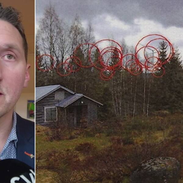 Delad bild – till vänster en bild på en man i blå kostym, till höger en karta som visar hur det skulle se ut ifall vindkraft byggdes på ripfjället.