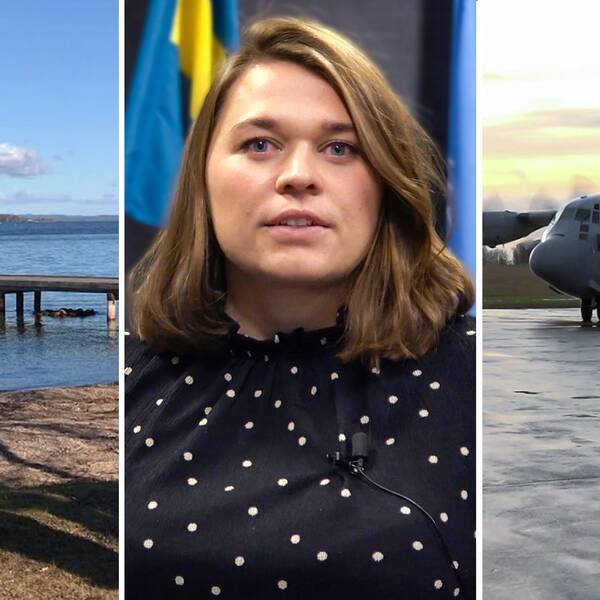 Till vänster vatten, i mitten Josefine Agerberg och till höger ett flygplan på Karlsborgs flygplats.