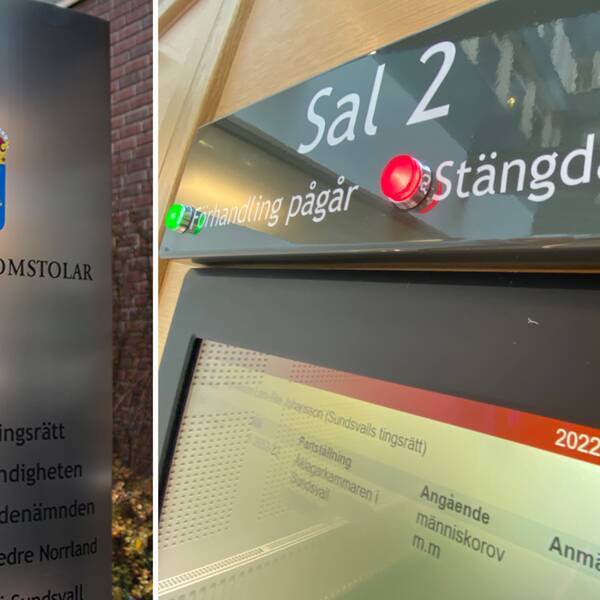 Montage: Till vänster en bild på displayen utanför salen i Sundsvalls tingsrätt, personens namn är blurrat. Till höger en bild på en skylt utanför tingsrätten på Sveriges domstolar.