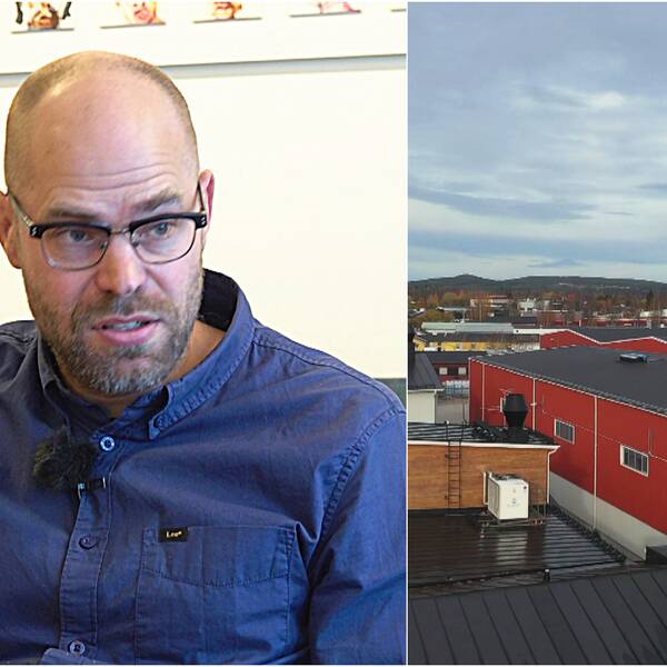 Två bilder: Till vänster: lektor Tobias Indén sitter på en stol, har på sig glasögon och blå skjorta. Han berättar om varför affären mellan Piteå kommun och Lindbäcks Byggs fabrik är olaglig. Till höger: En översiktsbild på Lindbäcks Byggs röda fabrik i Öjebyn.