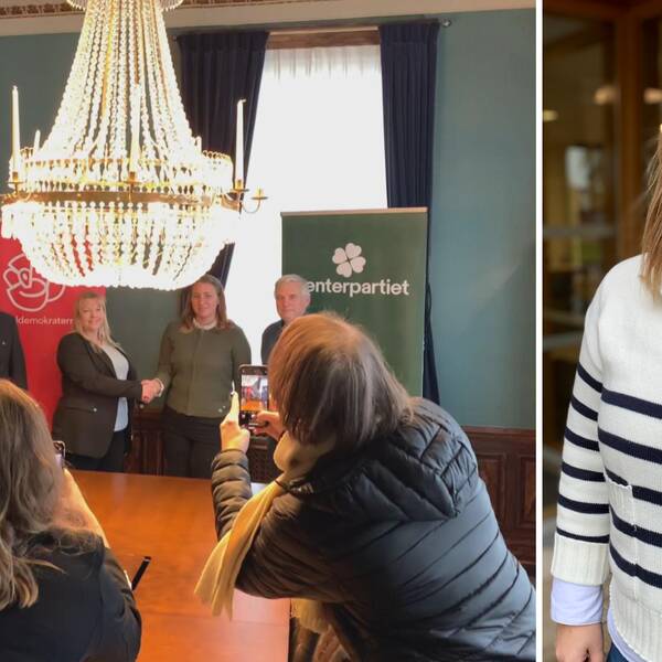 Kommunpolitikern Emma Dahlin (M) till vänster utomhus.