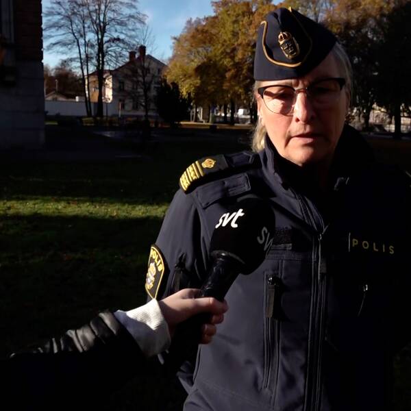 medelålders kvinna i polisens uniform och mössa intervjuas i en park