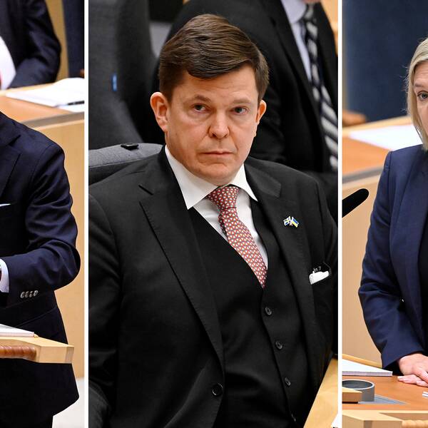 Här ber talmannen politiker att tänka på språket i kammaren. Bild på Moderaternas Ulf Kristersson, bredvid bild på talman Andreas Norlén, bredvid bild på Socialdemokraternas Magdalena Andersson.