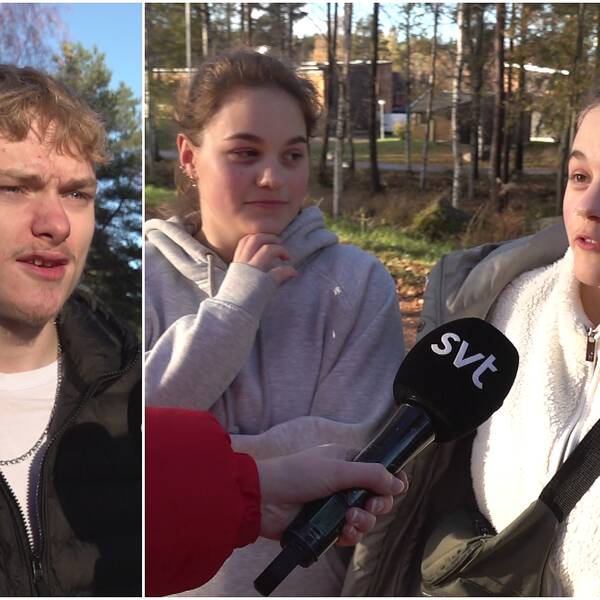 En pojke och tvillingtjejer intervjuas av SVT Gävleborg intill platsen där den 16-åriga pojken hittades.