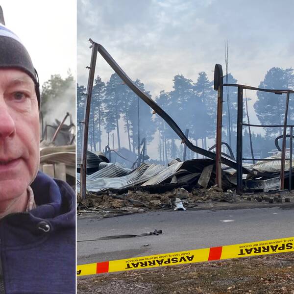 Delad bild – till vänster en man med en mörkgrå mössa med blå ränder, till höger en bild på en brandplats efter en brand i ett förråd.