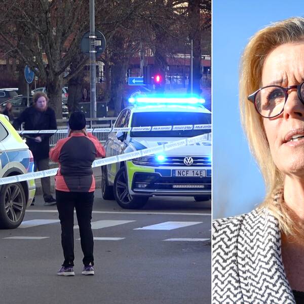 Tvådelad bild. Polisavspärrningar över en gata med människor och två polisbilar med blåljus. Porträtt av Åsa Wiklund Lång som kisar mot solen.