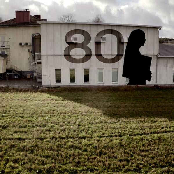 Plymouthbrödernas skola med vit fasad och en siluett av en kvinna på husväggen bredvid siffran 80.