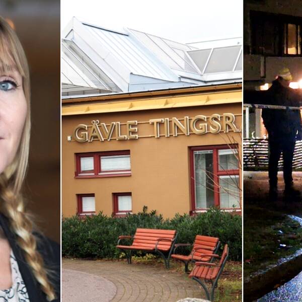 Tredelad bild. Porträtt av Therese Stensson Jonsson. Bild på Gävle tingsrätt utifrån entren. En mörk bild från mordnatten där en polishund syns i ljuset av en ficklampa.