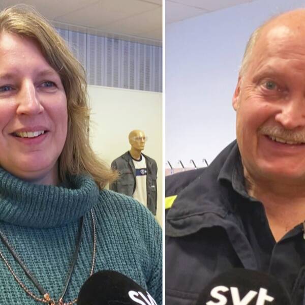 Eva Andersson och Mikael Palo på Scania i Luleå intervjuas av SVT om hur de försöker locka arbetskraft.