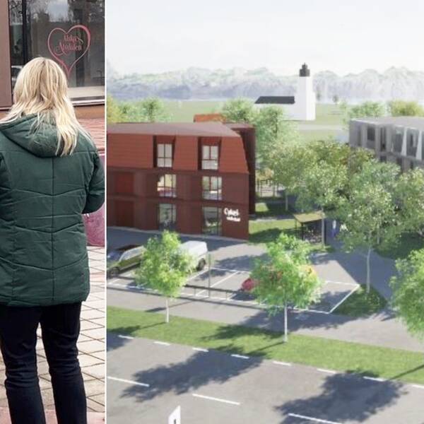 Delad bild – till vänster står en man i mörk blå kavaj och jeans, vid sidan av honom en blond kvinna med grön täckjacka. Till höger finns en bild på de planerade bostäderna som ett företag vill bygga på marken i Idre.