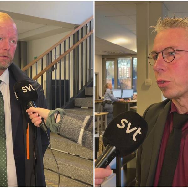 17-åringens försvarare och åklagaren står i tingsrättens entre där de intervjuas av SVT.