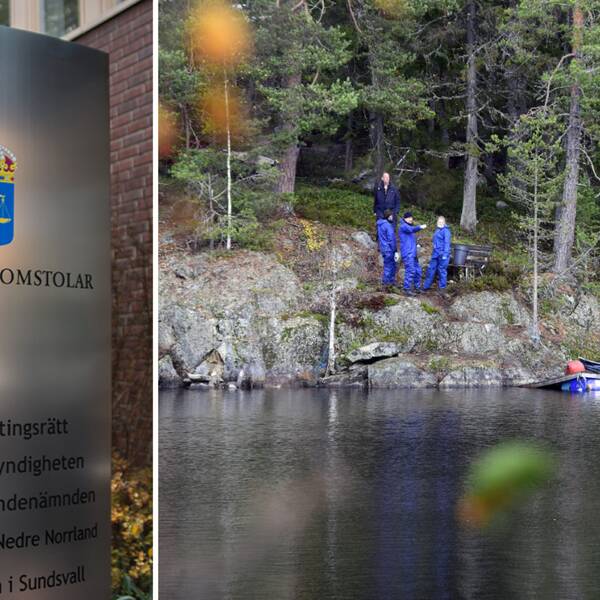 Montage: Till vänster en bild på kriminaltekniker i blåa overaller som står i ett stenigt skogsområde precis vid en sjö. Nedanför klipporna ligger en blå träbåt och en liten flytbrygga. Till höger i bilden ligger en blå-röd träbåt i skogen. Till höger en bild på skylten ”Sveriges domstolar, Sundsvalls tingsrätt” med mera.