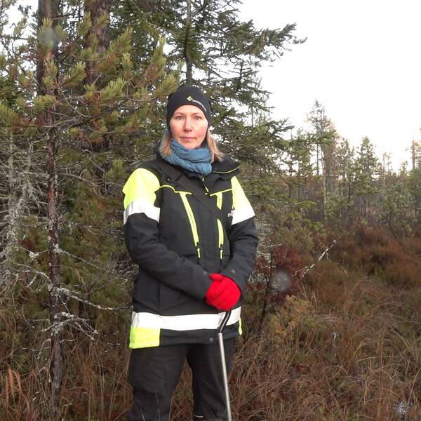 Skogstyrelsens Paulina Enoksson står i skogsmiljö. Hon har långt hår och mössa och är klädd i svart jacka med reflekterande detaljer. Hon har ett verktyg i händerna och tittar rakt in i kameran.