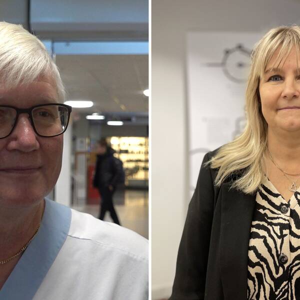 Porträtt på två personer, en äldre man med glasögon och sjukvårdskläder och en kvinna med långt hår och mönstrat klänning.