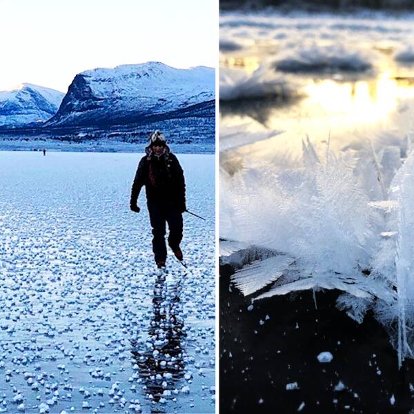Bilden visar väderfenomenet frostrosor som bildats på naturisen i Kiruna och i klippet ser du bilder från Martin Morells och Sandra Sundéns smäktande skridskotur.