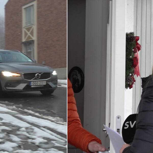 SVT-bil på väg, samt reportern vid en dörr som öppnas på glänt av en person som inte syns