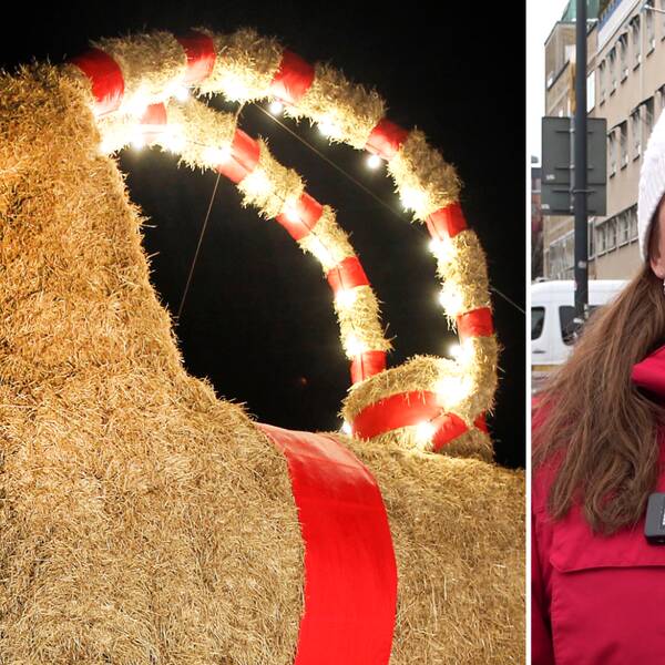 Tvådelad bild. Gävlebocken mot en mörk himmel, men ljus längst sina horn av halm. Porträtt av Gävlebockens talesperson Anna-Karin Niemann. Hon har bockens märke på sin jacka.