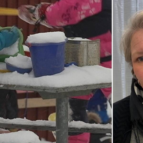 Till vänster: En genrebild på barn som leker med snö och hinkar utomhus. Till höger: Kajsa Pettersson, verksamhetschef för förskolor i Åre kommun.