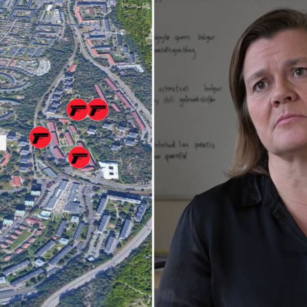 Satellitbild över Biskopsgården i Göteborg, sju tecknade pistoler är utplacerade på kartan runt omkring Ryaskolan, delad bild med Ryaskolans rektor Jessica Thompson 