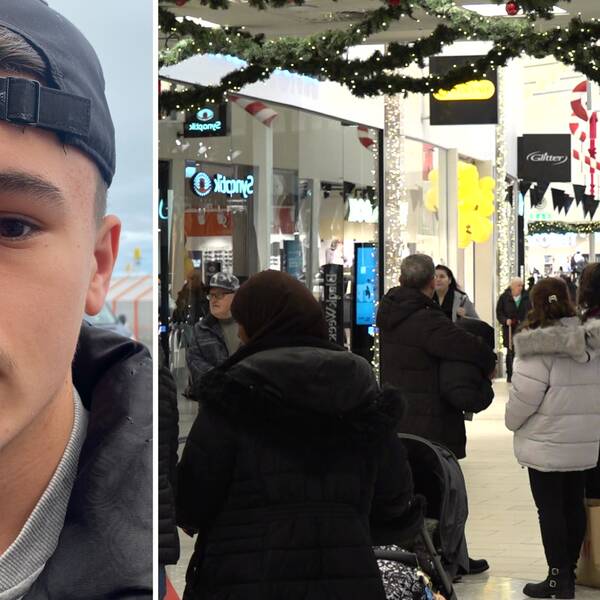 Bilden är delad i två. Den vänstra bilden är en bild på en kille i övre tonåren, Ajdin Zukancic. Den högra är en bild från shoppingcentrat Tuna Park under Black Friday.