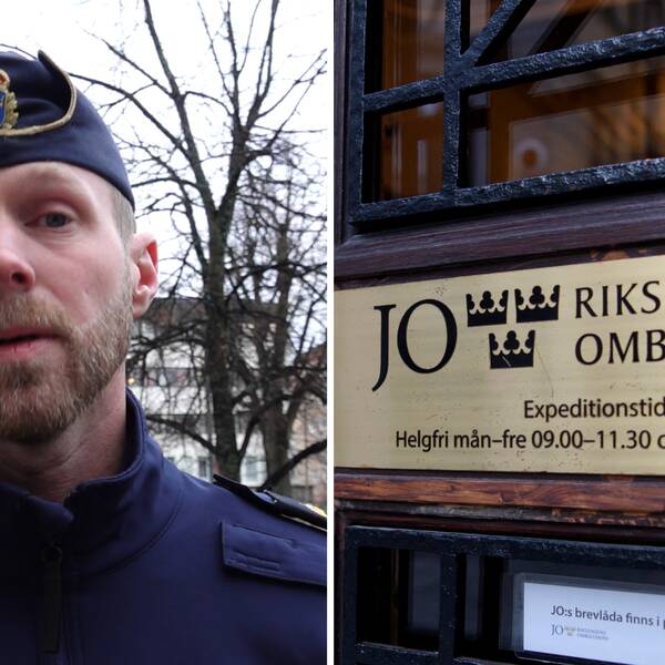 Bild på en uniformerad polis och skylt till Justitieombudsmannens kontor. Polisen heter Fredrik Becker och är biträdande lokalpolisområdeschef i Örebro. Han menar att misshandeln av ”Malin” i Örebro fått prioriterats av annat.