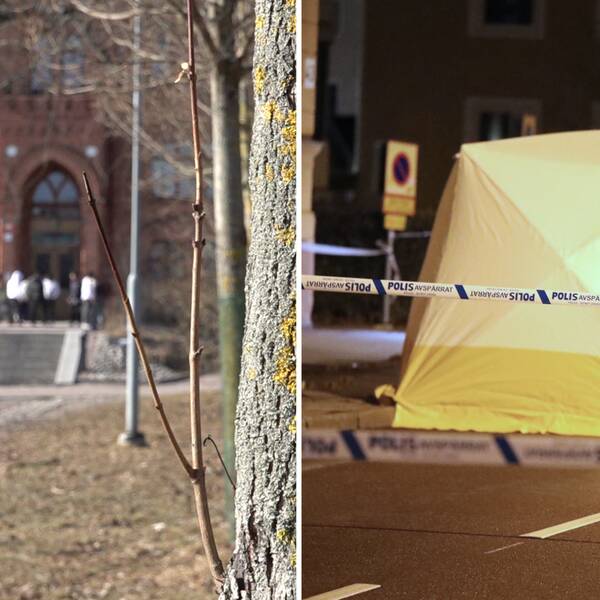 Till vänster: Bild på Vallbacksskolan i Gävle fotograferad framifrån med blå himmel bakom. Till höger: Bild på brottsplatsen som är avspärrad i samband med mordet på Söder i Gävle.