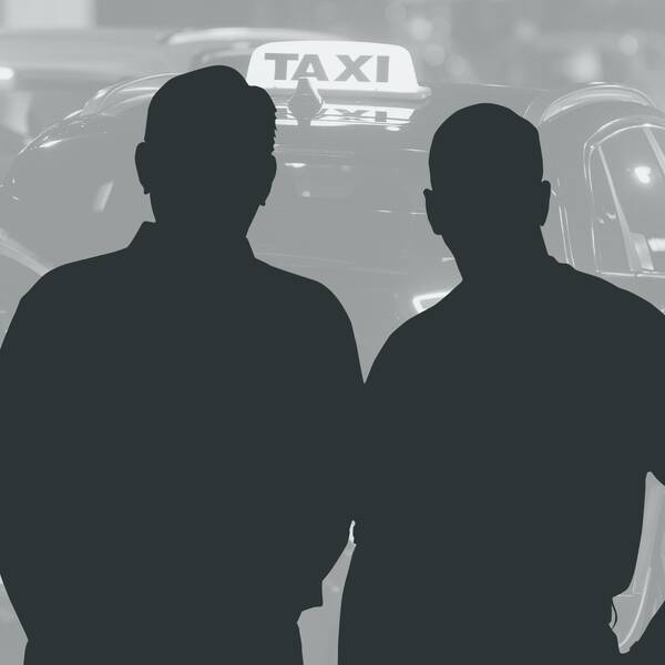 Tecknad bild på två manliga silhuetter framför en bild på en taxibil.